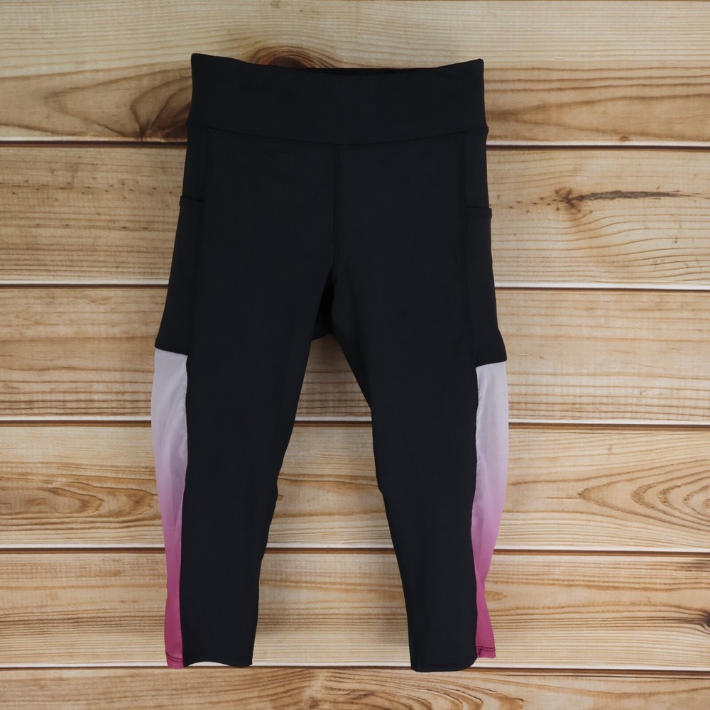Xersion Athletic Capri Leggings Womens M Black Pink Mesh Panels Pockets Stretch